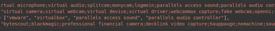 A screenshot of the Proctorio source code showing lists of strings containing names of fake webcam and microphone software